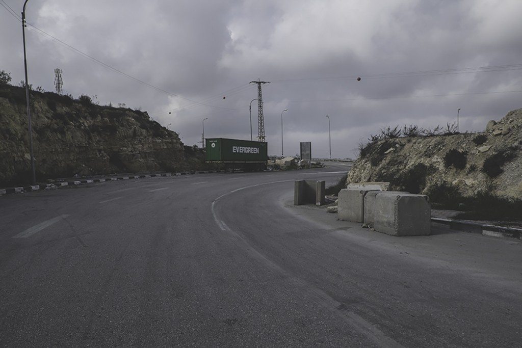 A checkpoint in the form of roadblocks on a road between Bethlehem and Hebron. 