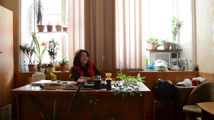 Gulnora Akhmedova, the theatre's deputy director, in her office. She is a government appointee and was instructed, along with other theatre directors, to not speak to journalists about the plans to destroy the theatre.